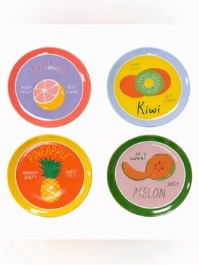 Set of 4 Fruit-Themed Decorative Plates - Grapefruit Kiwi Pineapple Melon